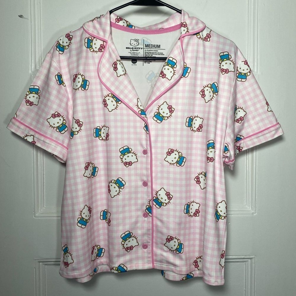 Hello Kitty | Checkered Hello Kitty Print Button Down Pajama Top Medium